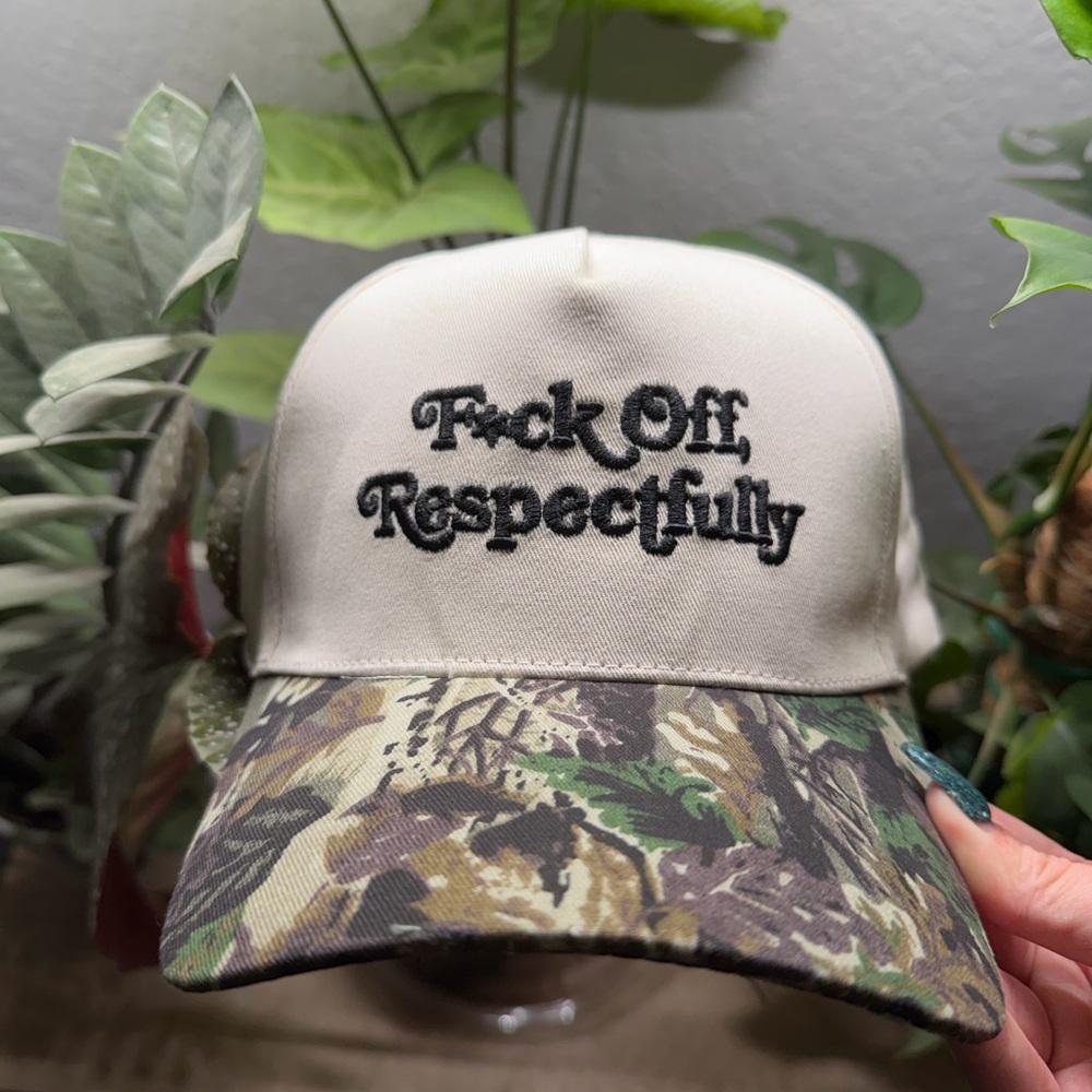 Zenana Outfitters Camo 'F*ck Off, Respectfully' Embroidered Trucker Hat